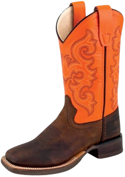Youth Brown Square Toe with Neon Orange Shaft